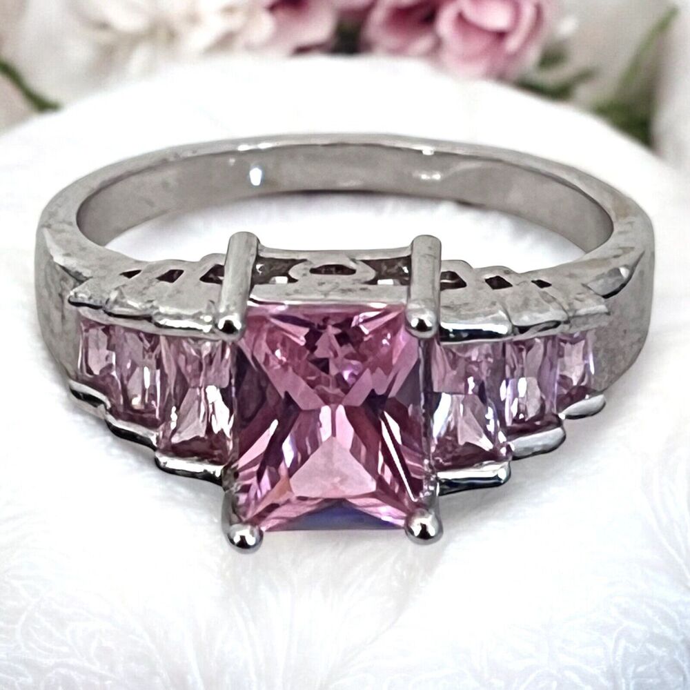 New Silver Tone Ring Pink Princess Cut CZ Baguette Accents Size 8.75 - 8V